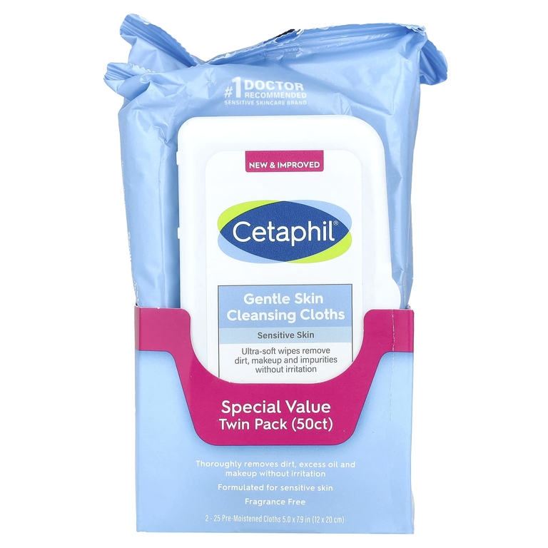 Cetaphil, Деликатные салфетки для очищения кожи, без отдушек, 2 упаковки, по 25 предварительно увлажненных салфеток