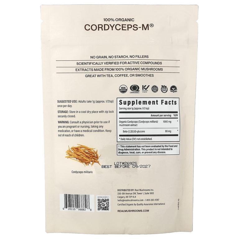 Real Mushrooms, Cordyceps-M®, экстракт органических грибов в порошке, 150 г (5,29 унции)