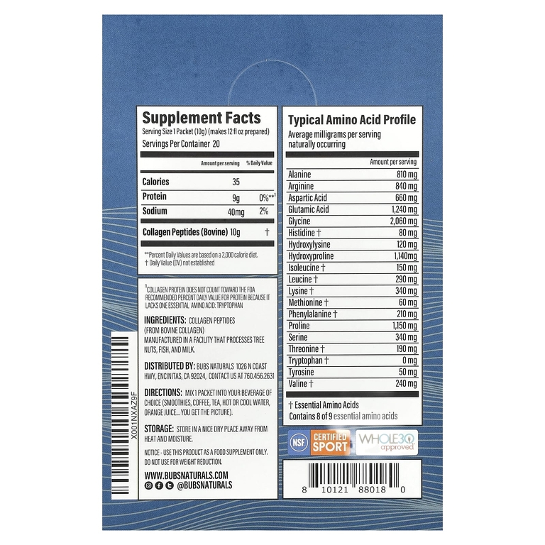 BUBS Naturals, Пептиды коллагена, без добавок, 20 пакетиков по 10 г (0,35 унции) (Товар снят с продажи) 
