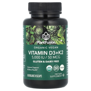 PlantFusion, Органический веганский витамин D3 + K2, 5000 МЕ / 50 мкг, 60 органических вегетарианских капсул
