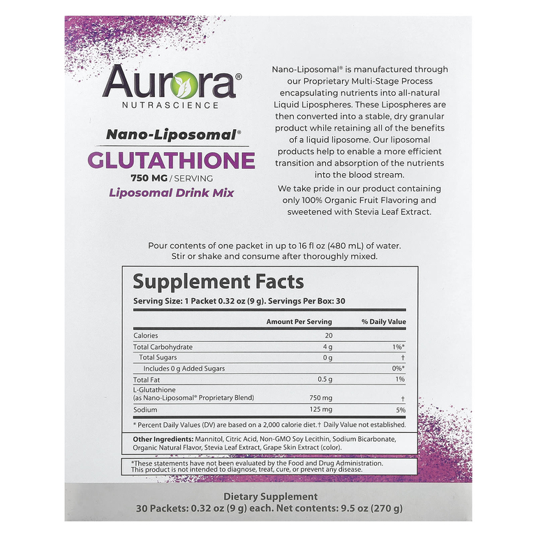Aurora Nutrascience, Nano-Liposomal®, глутатион, смесь для приготовления липосомальных напитков, 30 пакетиков по 9 г (0,32 унции)