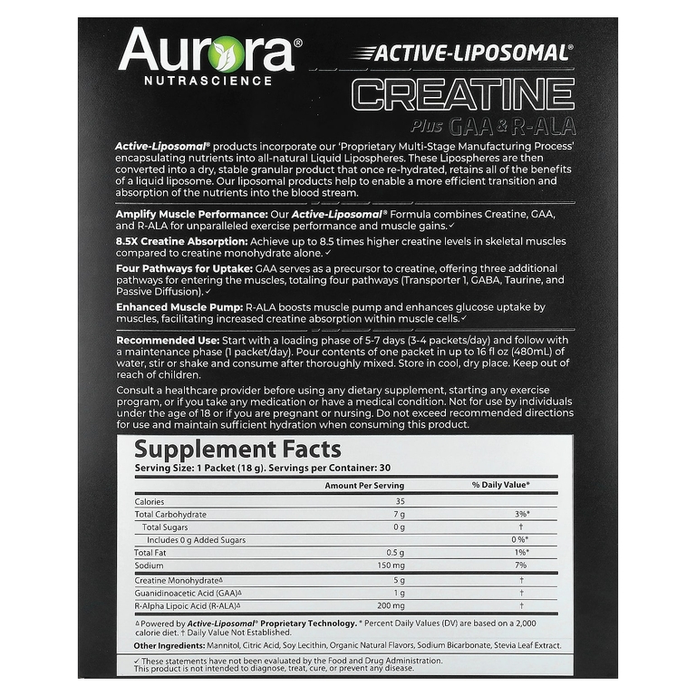 Aurora Nutrascience, Active Liposomal®, креатин с ГАК и R-ALA, 30 пакетиков по 18 г (0,63 унции)
