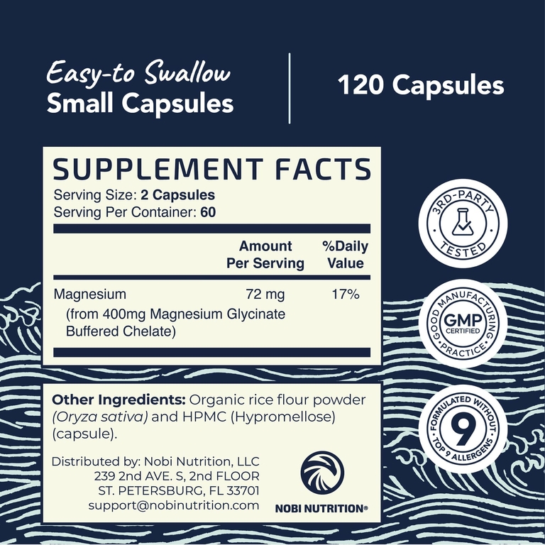 Nobi Nutrition, Глицинат магния, максимальное усвоение, 120 капсул (200 мг на капсулу)