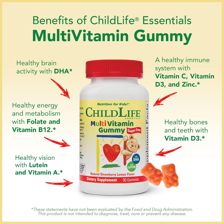 ChildLife Essentials, Мультивитаминные жевательные мармеладки, без сахара, натуральная клубника и лимон, 90 жевательных таблеток