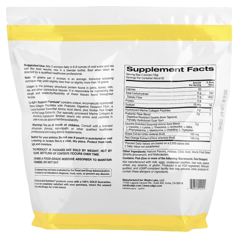 California Gold Nutrition, добавка для поддержания уровня ГПП-1 с пептидами коллагена, пребиотической клетчаткой и незаменимыми аминокислотами, арбуз и юдзу, 1 кг (2,2 фунта)