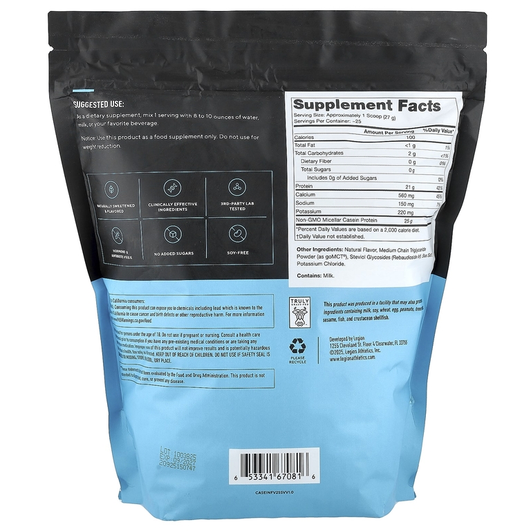 Legion Athletics, Casein +, казеиновый протеиновый порошок, французская ваниль, 960 г (2,11 фунта)