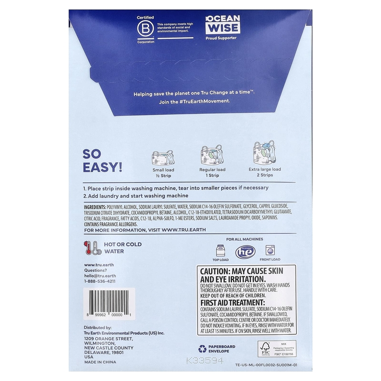 Tru Earth, салфетки для стирки, свежесть льна, 32 шт. Eco-Strips® (Товар снят с продажи) 