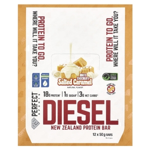 PERFECT Sports, Diesel, новозеландский протеиновый батончик, белый шоколад с соленой карамелью, 12 батончиков по 50 г