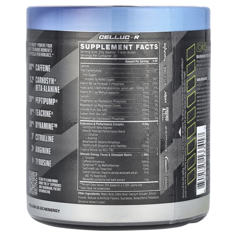 C4 / Cellucor, C4® Ultimate, предтренировочная добавка, со вкусом голубой малины, 400 г (14,1 унции)