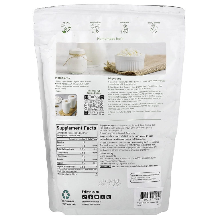 Micro Ingredients, Органический инулин в порошке, без добавок, 998 г (2,2 фунта)