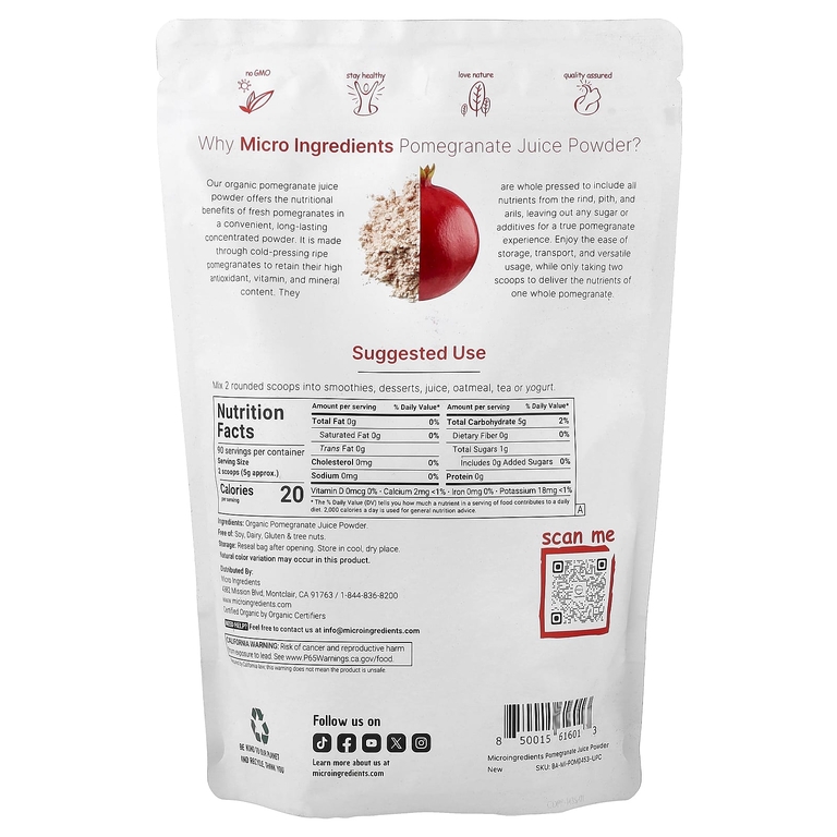 Micro Ingredients, порошок из сока органического граната, 454 г (1 фунт)