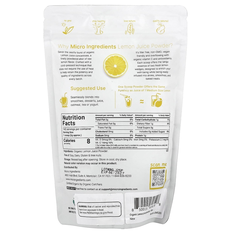 Micro Ingredients, Органический лимонный сок в порошке, 284 г (10 унций)