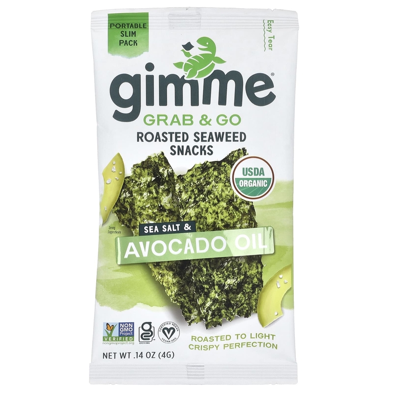 gimMe, Grab & Go, жареные снеки из морских водорослей, морская соль и масло авокадо, 5 пакетиков по 4 г (0,14 унции)