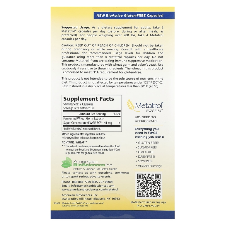 American Biosciences, Metatrol®, ферментированный экстракт ростков пшеницы, 60 вегетарианских капсул