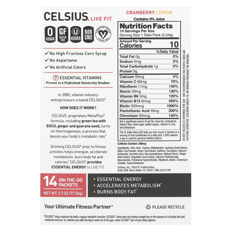 Celsius, Live Fit, клюква и лимон, 14 пакетиков, по 5,54 г (0,2 унции)