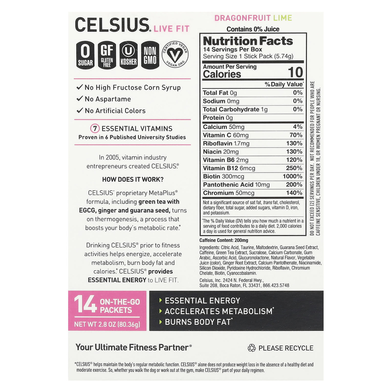 Celsius, Live Fit, драконий фрукт и лайм, 14 пакетиков по 5,74 г (0,2 унции)