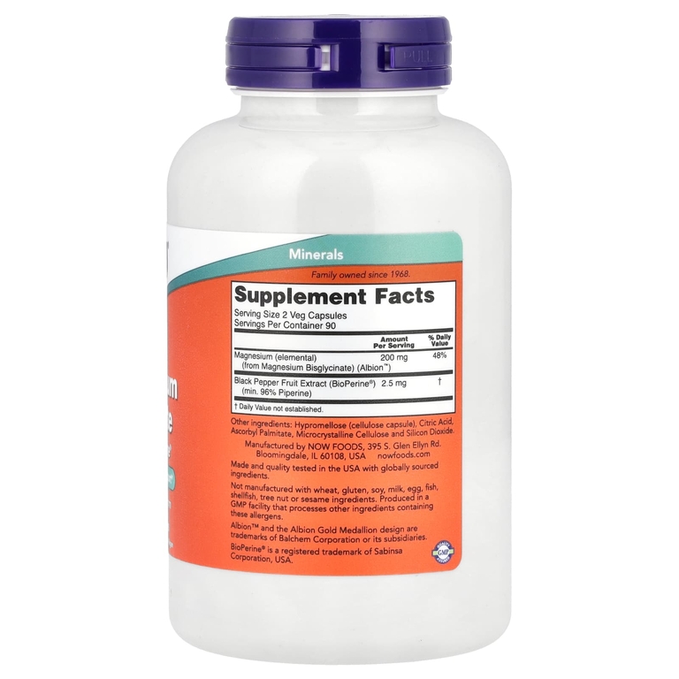 NOW Foods, глицинат магния с BioPerine®, 180 растительных капсул