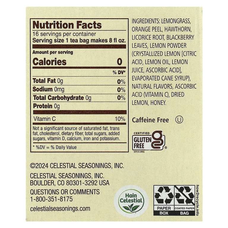 Celestial Seasonings, Herbal Tea, лимонно-медовые капли, без кофеина, 16 чайных пакетиков, 22 г (0,8 унции) (Товар снят с продажи) 