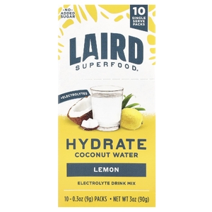 Laird Superfood, Hydrate Coconut Water, смесь для приготовления электролитов, лимон, 10 пакетиков по 9 г (0,3 унции)