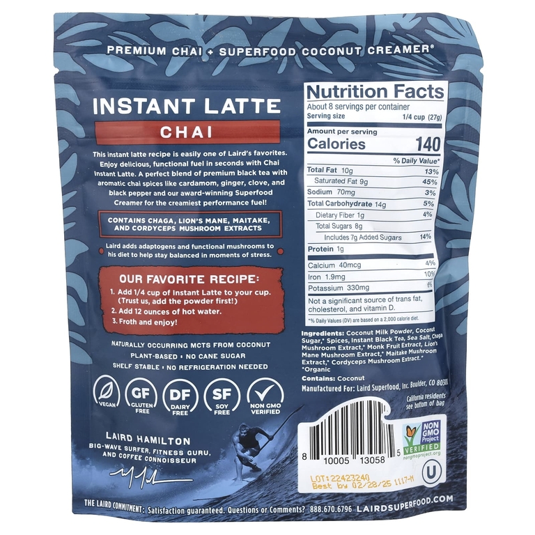 Laird Superfood, Растворимый латте, чай + сливки + адаптогены, чай, 227 г (8 унций)