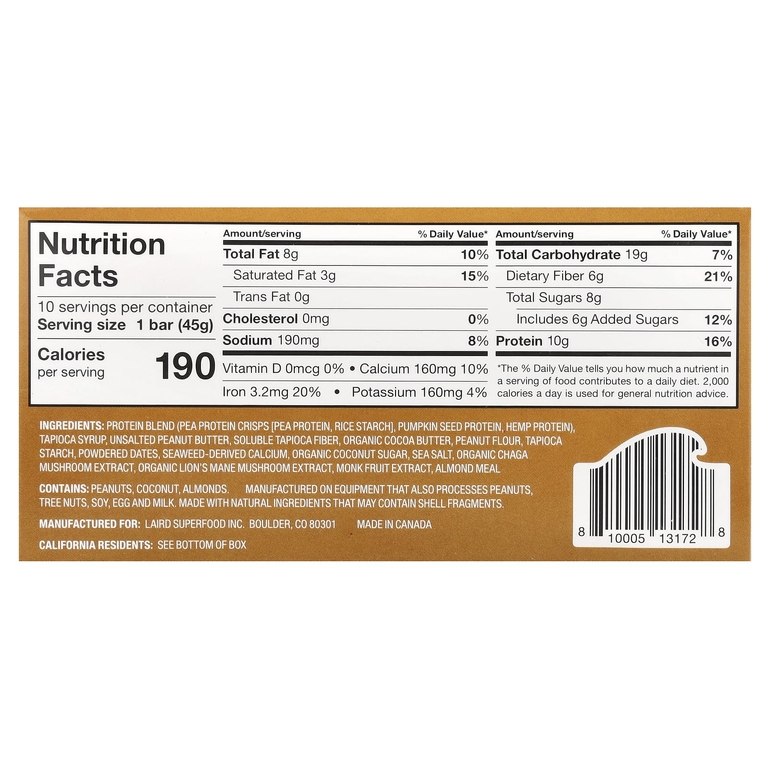 Laird Superfood, Протеиновый батончик + адаптогены, арахисовая паста, 10 батончиков по 45 г (1,6 унции)