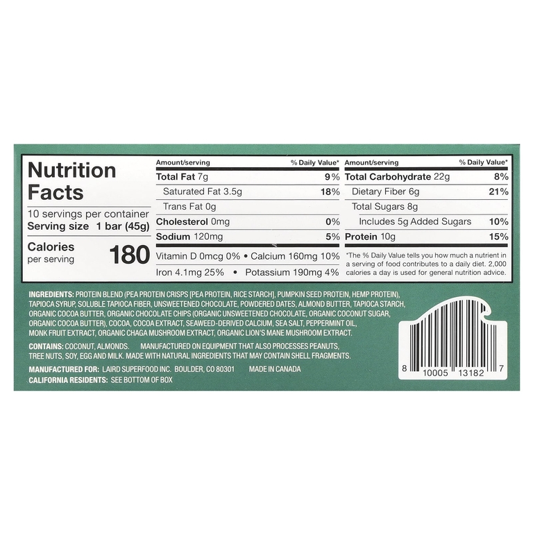 Laird Superfood, Протеиновый батончик + адаптогены, шоколадно-мята, 10 батончиков по 45 г (1,6 унции) (Товар снят с продажи) 