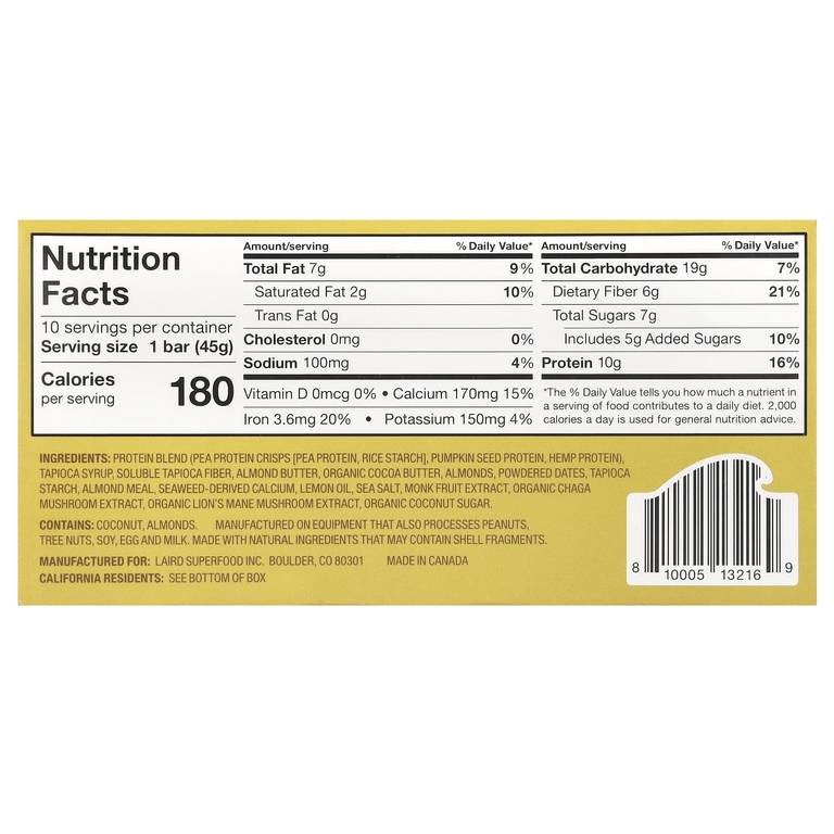 Laird Superfood, Протеиновый батончик + адаптогены, лимон и миндаль, 10 пакетиков по 45 г (1,6 унции)