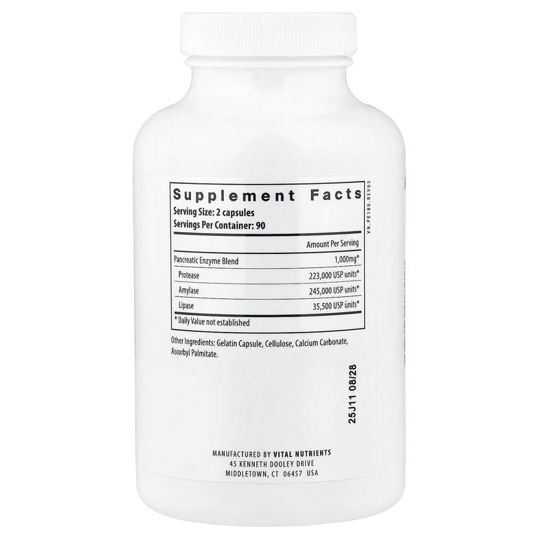 Vital Nutrients, Ферменты поджелудочной железы, 180 капсул
