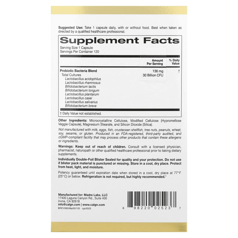 California Gold Nutrition, LactoBif® 30, пробиотики, 30 млрд КОЕ, 120 растительных капсул