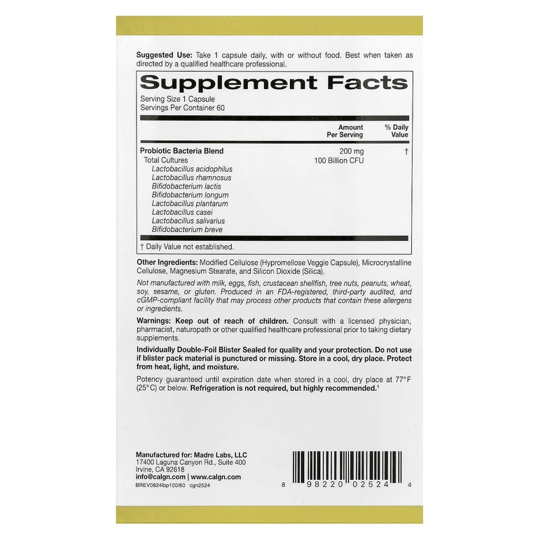California Gold Nutrition, LactoBif® 100, пробиотики, 100 млрд КОЕ, 60 растительных капсул