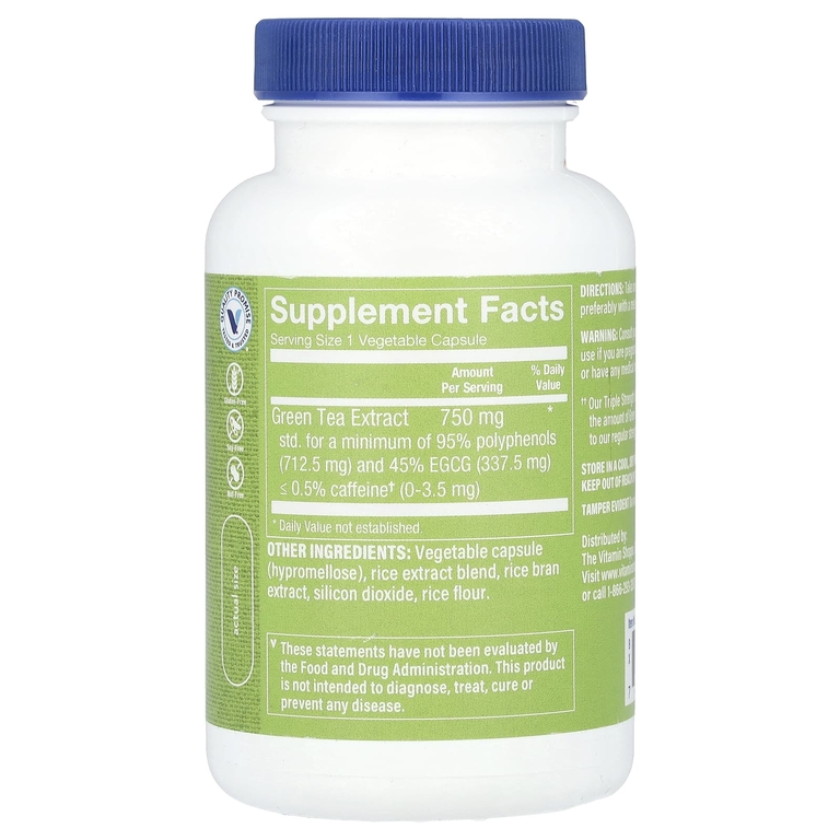 The Vitamin Shoppe, Экстракт зеленого чая, тройная сила действия, без кофеина, 100 растительных капсул (750 мг на капсулу)