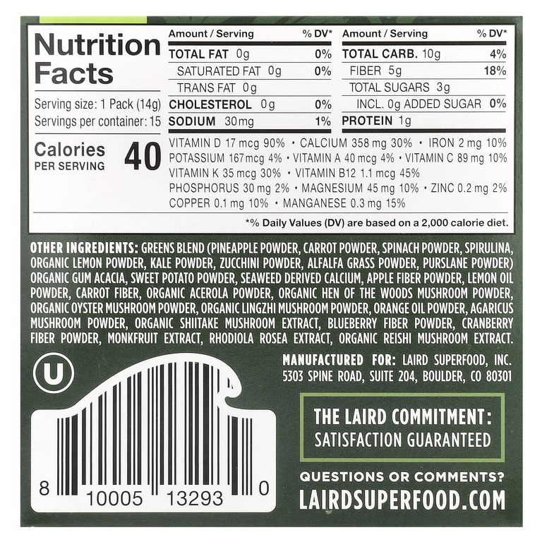 Laird Superfood, Ежедневная зелень с пребиотиками, 15 пакетиков по 14 г (0,5 унции)