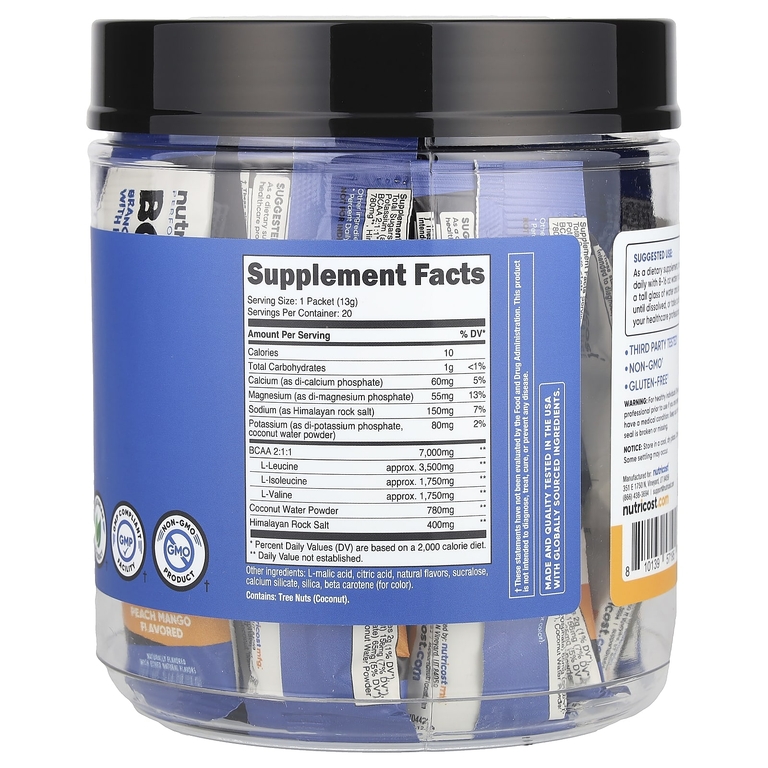 Nutricost, Performance, BCAA +, персик и манго, 20 пакетиков по 13 г (0,5 унции)