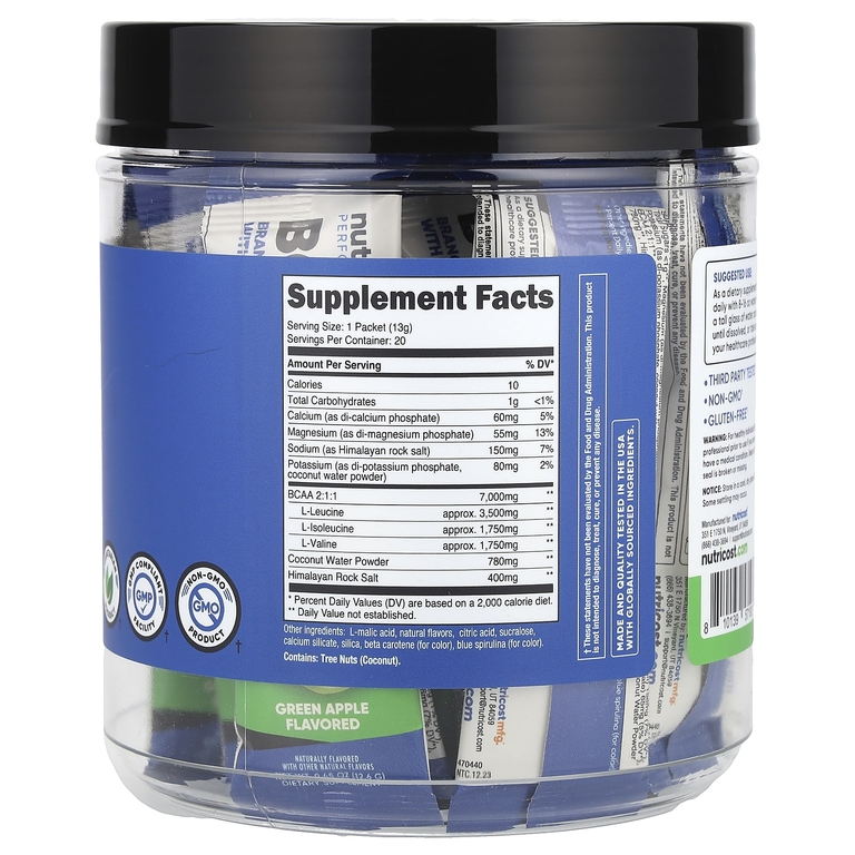 Nutricost, Performance, BCAA +, зеленое яблоко, 20 пакетиков по 13 г (0,5 унции)