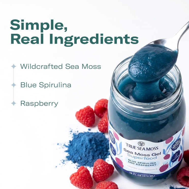 True Sea Moss, гель из морского мха, суперфуд, голубая спирулина и малина, 473 мл (16 жидк. унций)