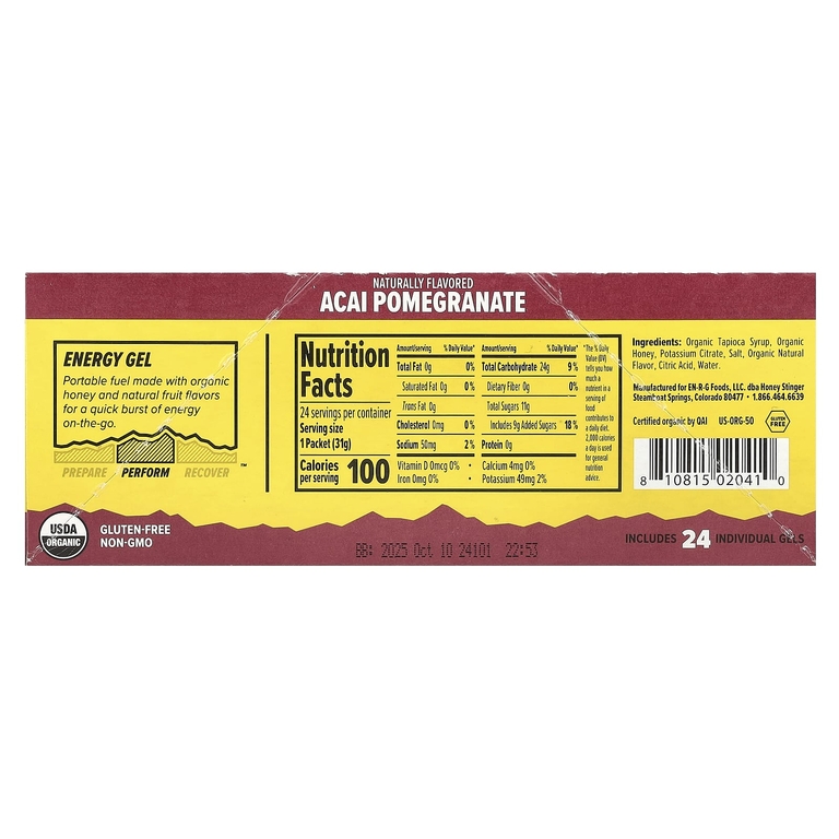 Honey Stinger, Energy Gel, гранат асаи, 24 пакетика по 31 г (1,1 унции)