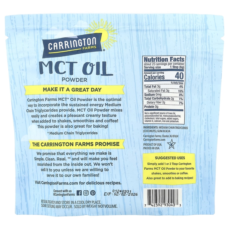 Carrington Farms, MCT масло в порошке, 141,7 г (5 унций)