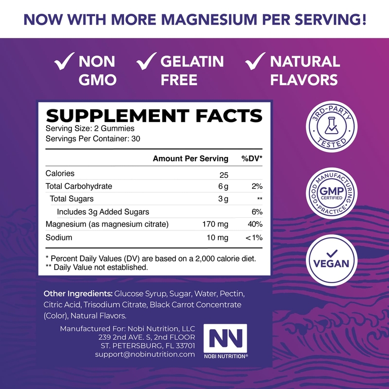 Nobi Nutrition, жевательные таблетки с цитратом магния, высокая степень усвояемости, малина, 60 жевательных таблеток (85 мг в 1 таблетке)
