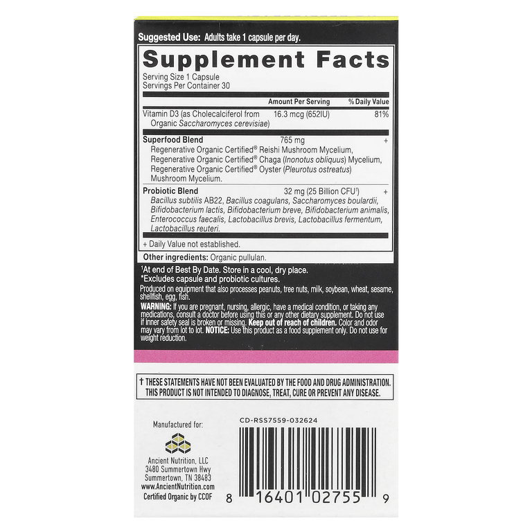 Ancient Nutrition, Пробиотики для женщин, 1 раз в день, 30 капсул