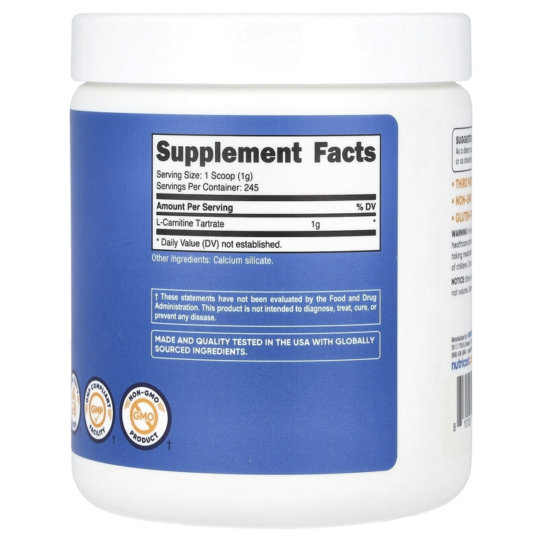 Nutricost, L-карнитин тартрат, без добавок, 250 г (8,9 унции)