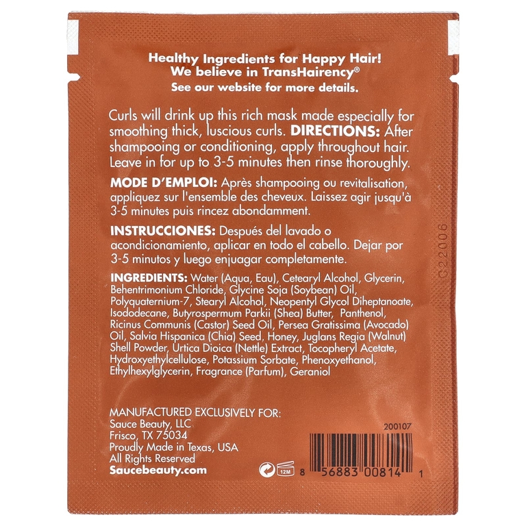 Sauce Beauty, Smothing Curl, маска для волос, мед и чиа, 30 мл (1 жидк. Унция) (Товар снят с продажи) 