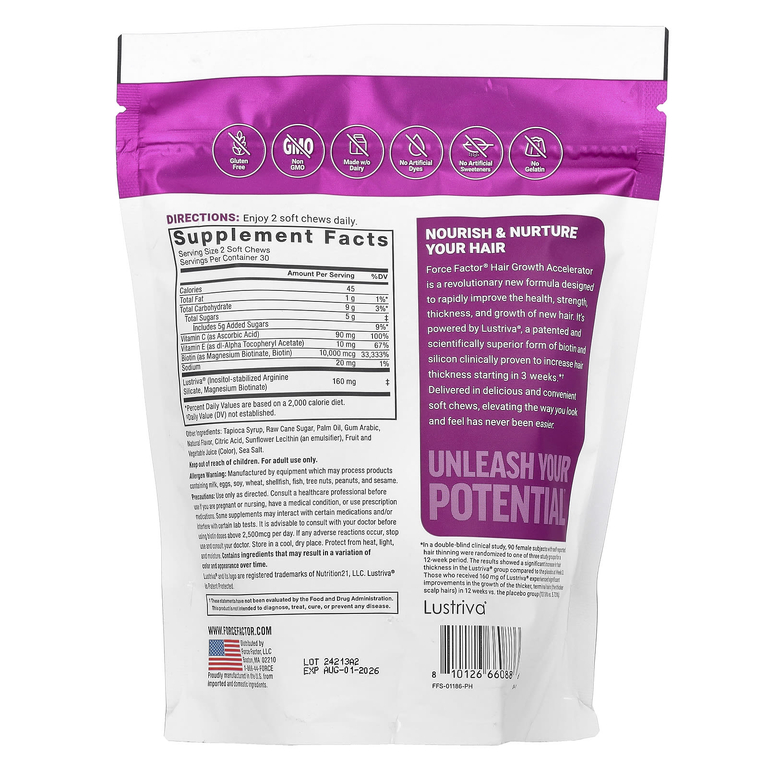 Force Factor, ускоритель роста волос, ягодное ассорти, 60 жевательных таблеток