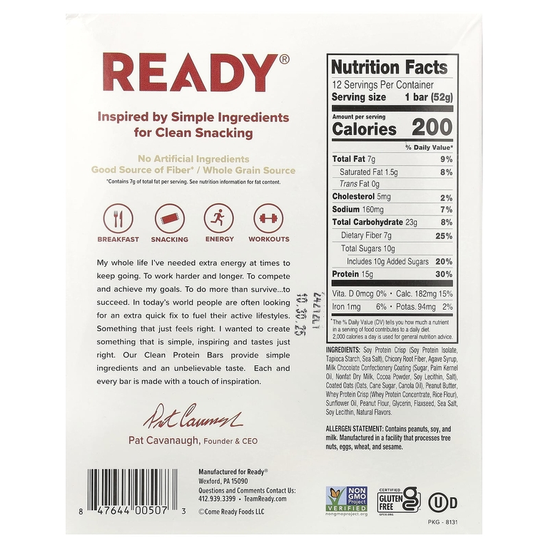 Ready, Clean Protein Bar, шоколадно-арахисовая паста, 12 батончиков, 52 г (1,83 унции)