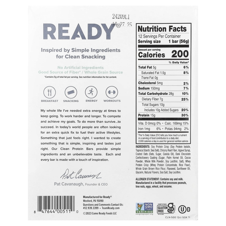Ready, Clean Protein Bar, темный шоколад с морской солью, 12 батончиков, 56 г (1,98 унции)