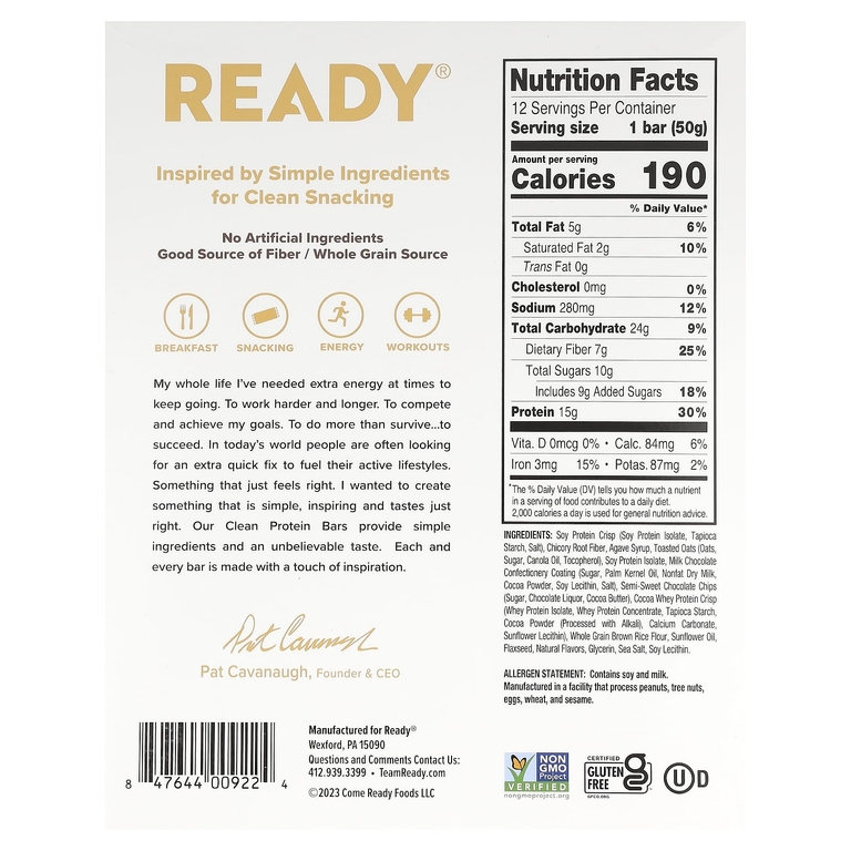 Ready, Clean Protein Bar, шоколадная крошка, 12 батончиков, 50 г (1,76 унции) (Товар снят с продажи) 