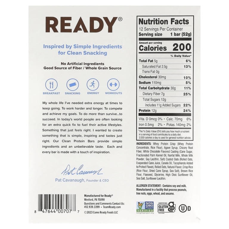 Ready, Clean Protein Bar, ваниль, 12 батончиков, 52 г (1,83 унции)