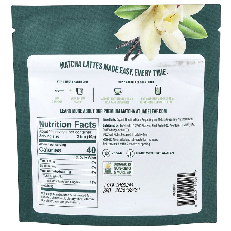 Jade Leaf Matcha, Смесь для латте матча, ваниль, 100 г (3,5 унции)