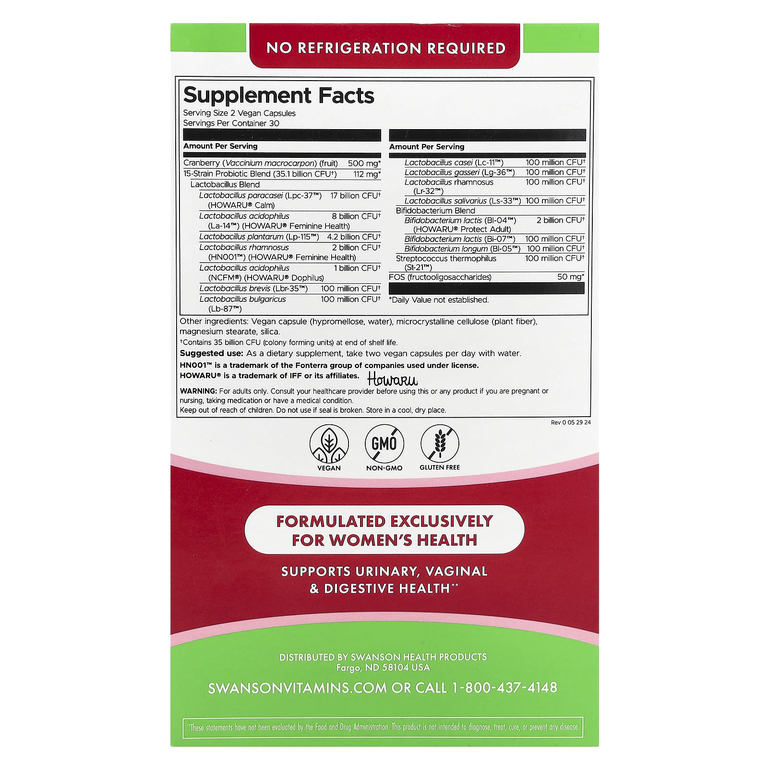 Swanson Vitamins, Ежедневный пробиотик и пребиотик ФОС для женщин с клюквой, 35 млрд КОЕ, 60 веганских капсул