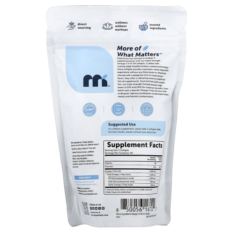 Micro Ingredients, омега-3, рыбий жир, тройная сила, лимон, 120 капсул (1400 мг в каждой)