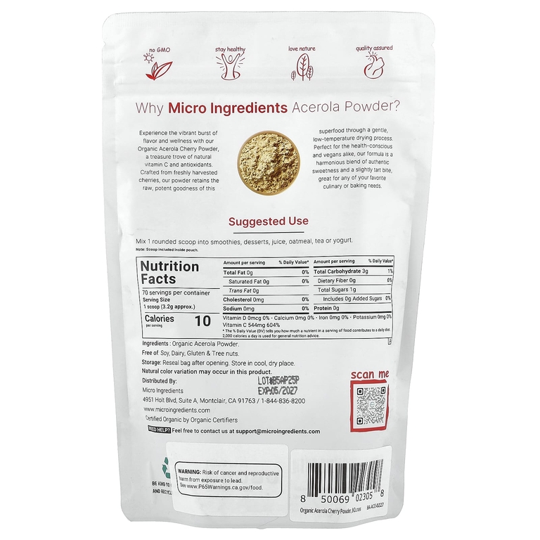 Micro Ingredients, Органическая ацерола в порошке, 227 г (8 унций)